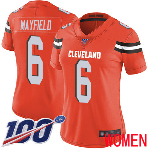 Cleveland Browns Baker Mayfield Women Orange Limited Jersey #6 NFL Football Alternate 100th Season Vapor Untouchable